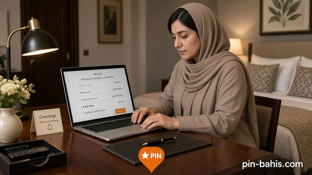 زن در هتل لوکس در حال تکمیل فرم ثبت نام سایت شرط بندی